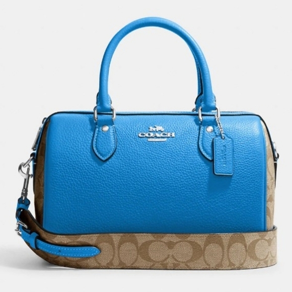 💙🔹️Coach 🔹️Leather & Signature Canvas Rowan Satchel (Khaki/Racer Blue) - Picture 1 of 6